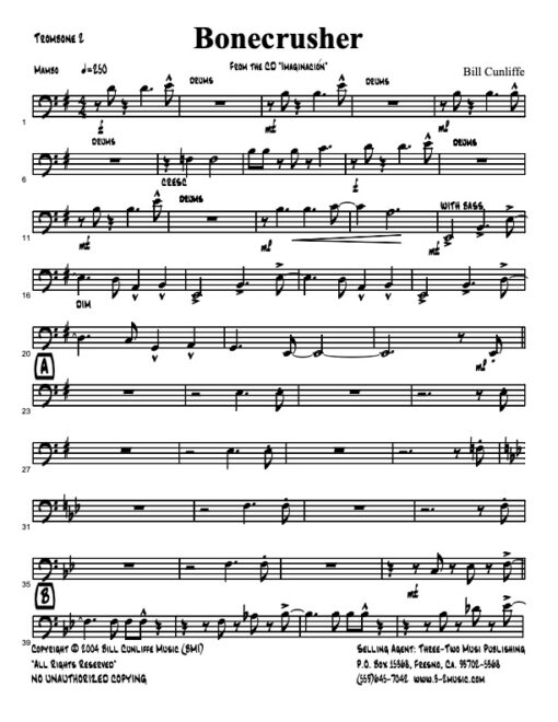 Bone Crusher V.1 trombone 2 (Download) Latin jazz printed sheet music www.3-2music.com composer and arranger Bill Cunliffe combo (octet) instrumentation