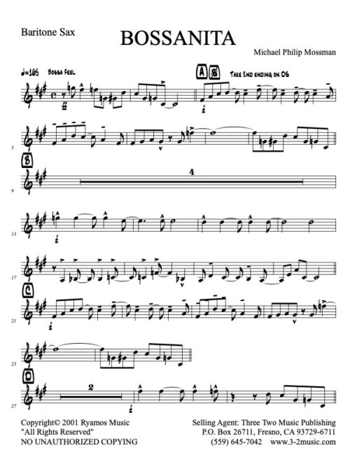 Bossanita baritone (Download) Latin jazz printed sheet music www.3-2music.com composer and arranger Michael Mossman combo (nonet) instrumentation