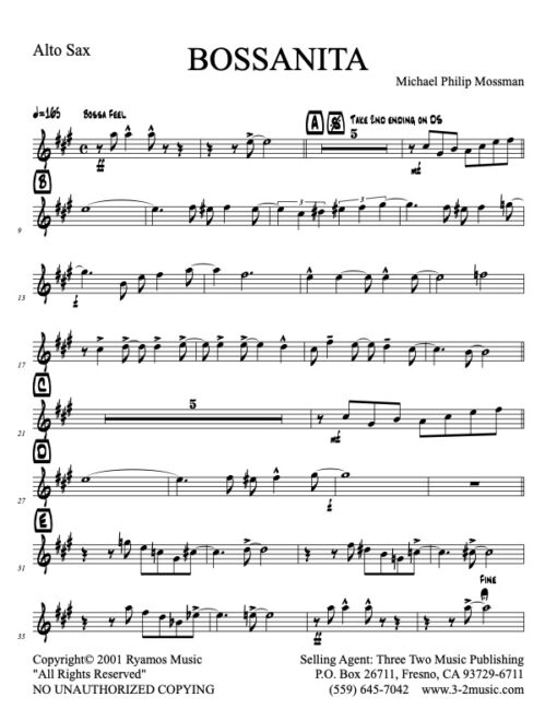 Bossanita alto (Download) Latin jazz printed sheet music www.3-2music.com composer and arranger Michael Mossman combo (nonet) instrumentation