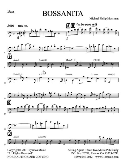 Bossanita bass (Download) Latin jazz printed sheet music www.3-2music.com composer and arranger Michael Mossman combo (nonet) instrumentation