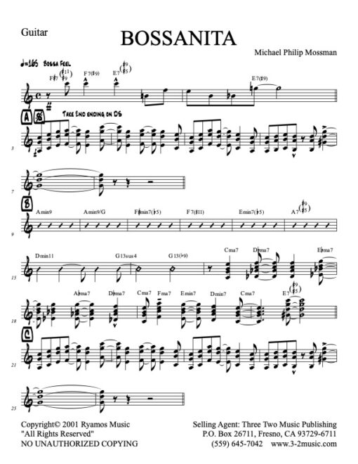 Bossanita guitar (Download) Latin jazz printed sheet music www.3-2music.com composer and arranger Michael Mossman combo (nonet) instrumentation