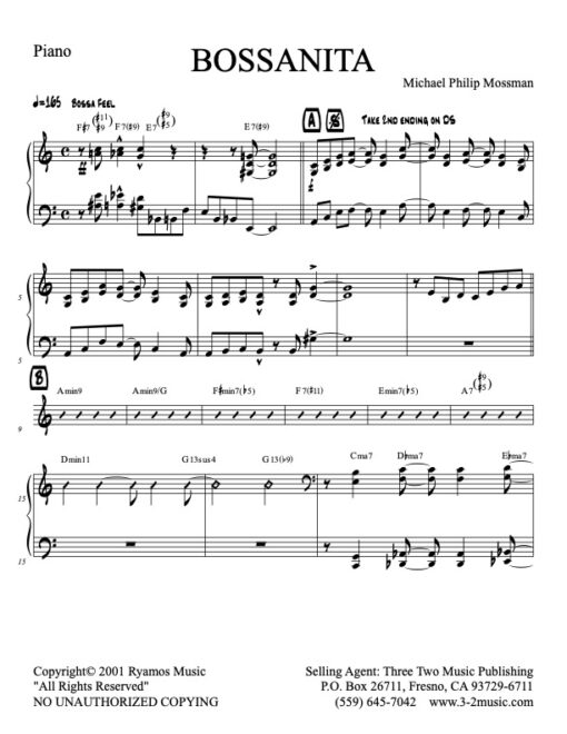 Bossanita piano (Download) Latin jazz printed sheet music www.3-2music.com composer and arranger Michael Mossman combo (nonet) instrumentation