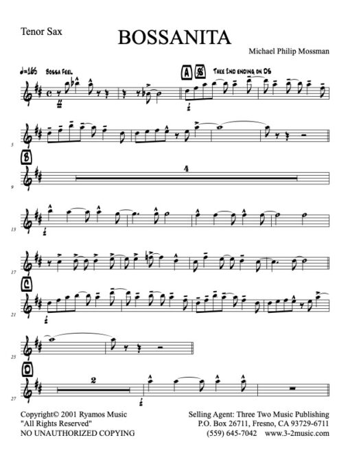 Bossanita tenor (Download) Latin jazz printed sheet music www.3-2music.com composer and arranger Michael Mossman combo (nonet) instrumentation