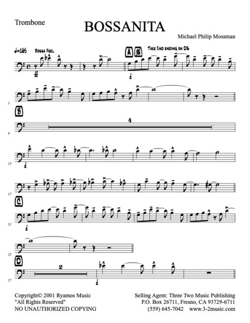 Bossanita trombone (Download) Latin jazz printed sheet music www.3-2music.com composer and arranger Michael Mossman combo (nonet) instrumentation