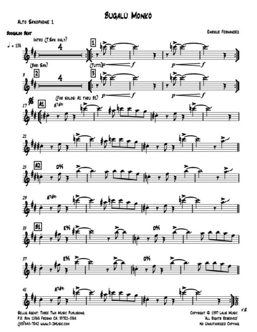 Bugalu Monko alto 1 (Download) Latin jazz printed sheet music www.3-2music.com composer and arranger Enrique Fernandez combo (quartet) instrumentation