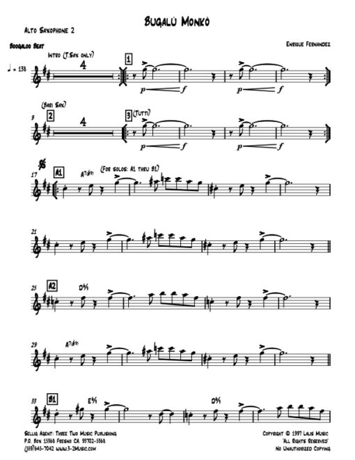 Bugalu Monko alto 2 (Download) Latin jazz printed sheet music www.3-2music.com composer and arranger Enrique Fernandez combo (quartet) instrumentation