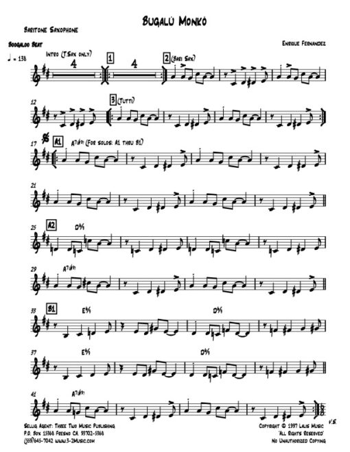 Bugalu Monko baritone (Download) Latin jazz printed sheet music www.3-2music.com composer and arranger Enrique Fernandez combo (quartet) instrumentation