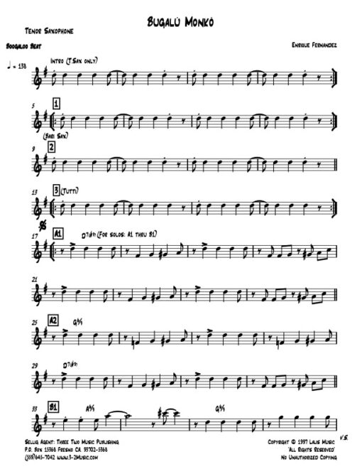 Bugalu Monko tenor (Download) Latin jazz printed sheet music www.3-2music.com composer and arranger Enrique Fernandez combo (quartet) instrumentation