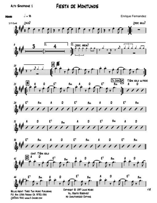 Fiesta de Montunos alto 1 (Download) Latin jazz printed sheet music composer and arranger Enrique Fernandez combo (octet) instrumentation