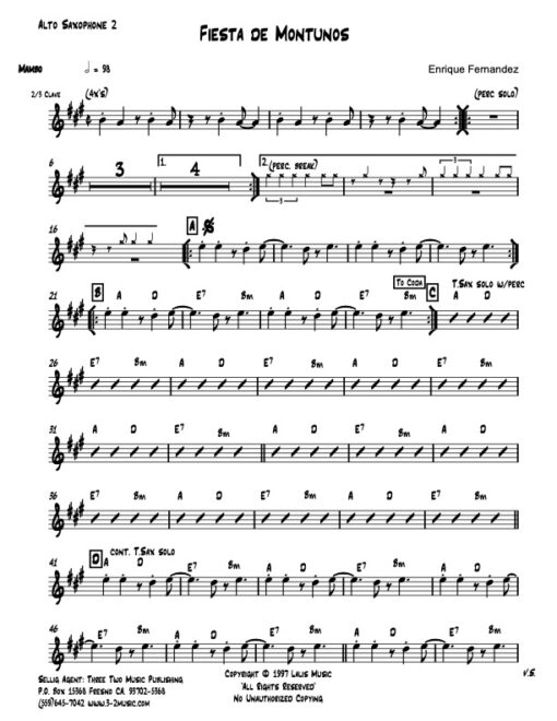 Fiesta de Montunos alto 2 (Download) Latin jazz printed sheet music composer and arranger Enrique Fernandez combo (octet) instrumentation