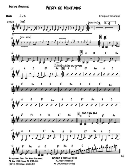 Fiesta de Montunos baritone (Download) Latin jazz printed sheet music composer and arranger Enrique Fernandez combo (octet) instrumentation