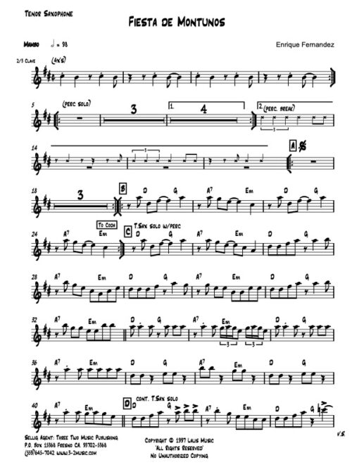 Fiesta de Montunos tenor (Download) Latin jazz printed sheet music composer and arranger Enrique Fernandez combo (octet) instrumentation