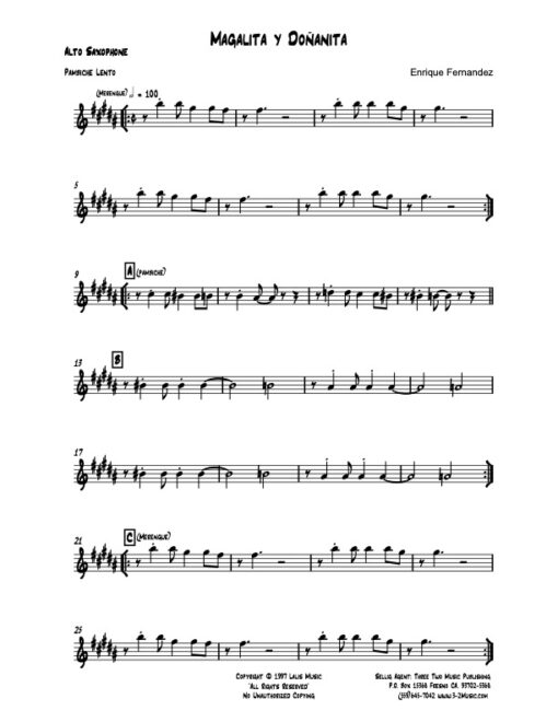 Magalita Y Donanita alto (Download) Latin jazz printed sheet music www.3-2music.com composer and arranger Enrique Fernandez combo (sextet)