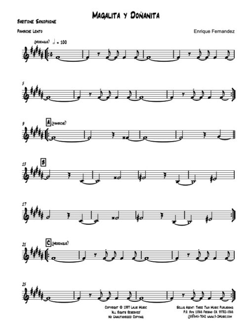 Magalita Y Donanita baritone (Download) Latin jazz printed sheet music www.3-2music.com composer and arranger Enrique Fernandez combo (sextet)