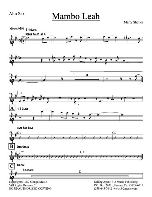 Mambo Leah alto (Download) Latin jazz printed sheet music www.3-2music.com composer and arranger Marty Sheller combo (septet) instrumentation