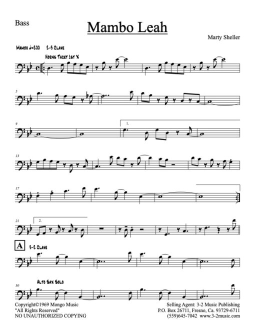 Mambo Leah bass (Download) Latin jazz printed sheet music www.3-2music.com composer and arranger Marty Sheller combo (septet) instrumentation