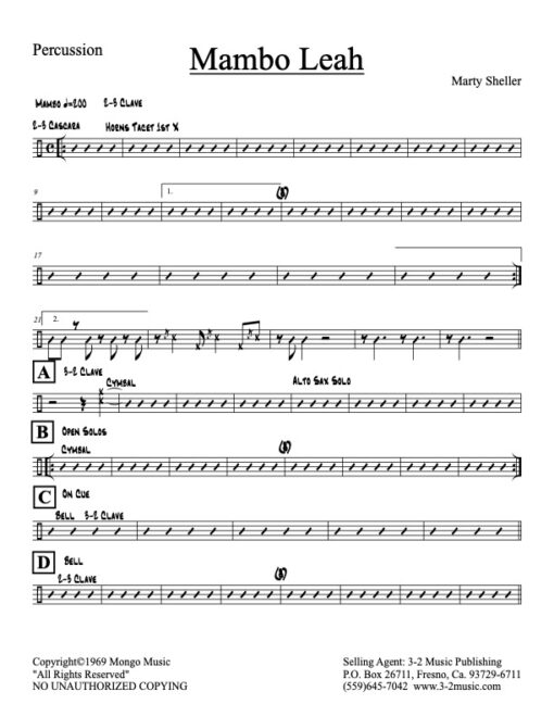 Mambo Leah percussion (Download) Latin jazz printed sheet music www.3-2music.com composer and arranger Marty Sheller combo (septet) instrumentation