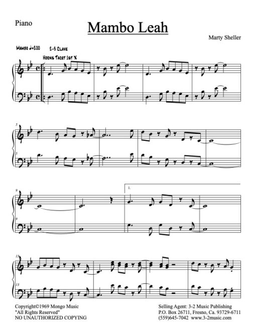 Mambo Leah piano (Download) Latin jazz printed sheet music www.3-2music.com composer and arranger Marty Sheller combo (septet) instrumentation