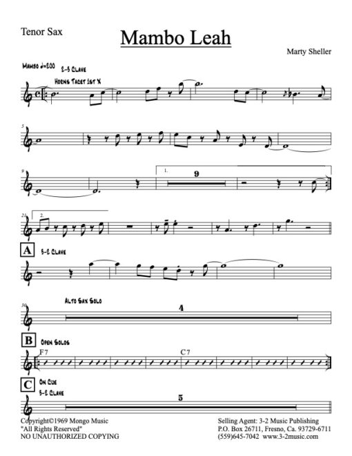 Mambo Leah tenor (Download) Latin jazz printed sheet music www.3-2music.com composer and arranger Marty Sheller combo (septet) instrumentation