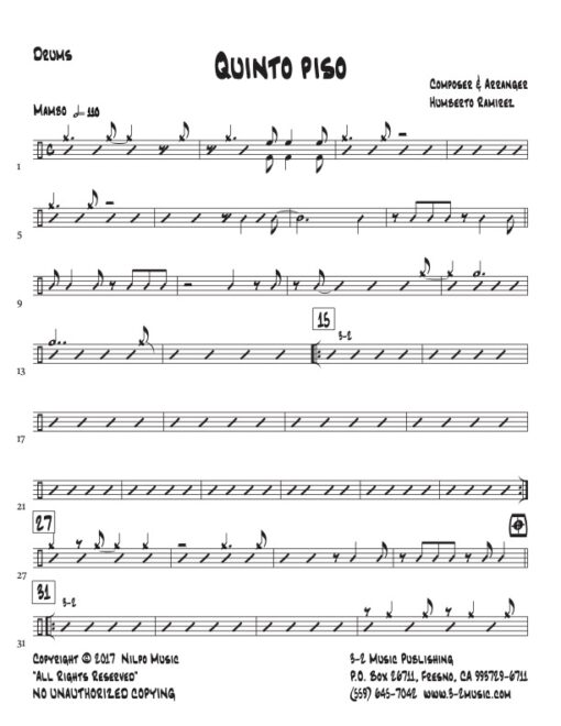 Quinto Piso drums (Download) Afro Latin jazz printed sheet music www.3-2music.com composer and arranger Humberto Ramirez big band instrumentation