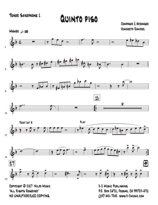 Quinto Piso tenor 1 (Download) Afro Latin jazz printed sheet music www.3-2music.com composer and arranger Humberto Ramirez big band instrumentation