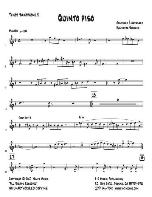 Quinto Piso tenor 2 (Download) Afro Latin jazz printed sheet music www.3-2music.com composer and arranger Humberto Ramirez big band instrumentation