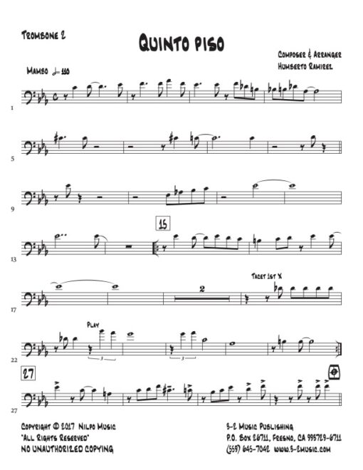 Quinto Piso trombone 2 (Download) Afro Latin jazz printed sheet music www.3-2music.com composer and arranger Humberto Ramirez big band instrumentation