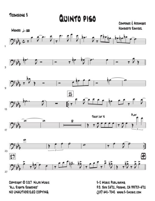 Quinto Piso trombone 3 (Download) Afro Latin jazz printed sheet music www.3-2music.com composer and arranger Humberto Ramirez big band instrumentation