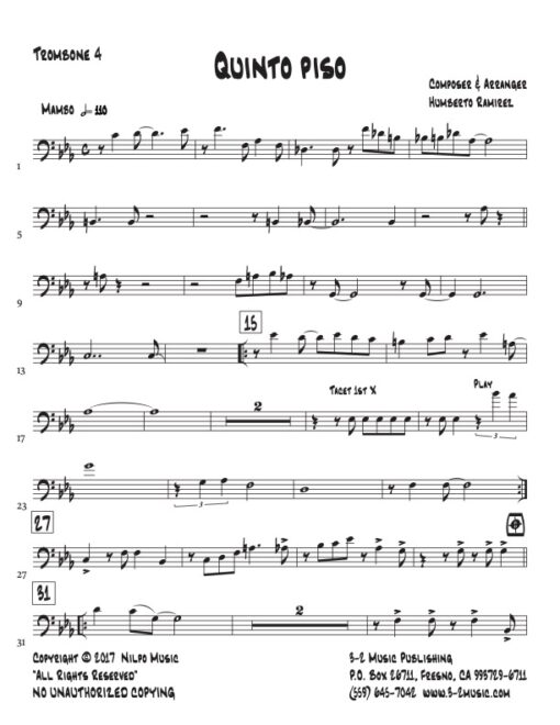 Quinto Piso trombone 4 (Download) Afro Latin jazz printed sheet music www.3-2music.com composer and arranger Humberto Ramirez big band instrumentation