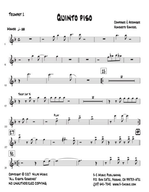 Quinto Piso trumpet 1 (Download) Afro Latin jazz printed sheet music www.3-2music.com composer and arranger Humberto Ramirez big band instrumentation