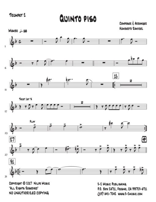 Quinto Piso trumpet 2 (Download) Afro Latin jazz printed sheet music www.3-2music.com composer and arranger Humberto Ramirez big band instrumentation
