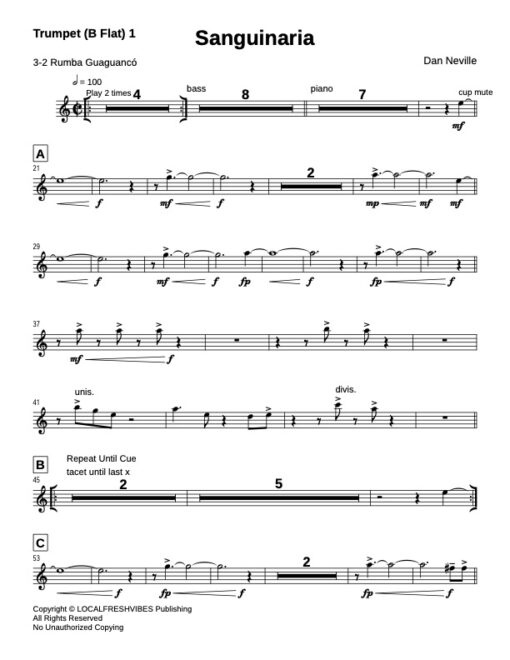 Sanguinaria (Download) Latin jazz printed sheet music www.3-2music.com composer and arranger Dan Neville big band 4-4-5 instrumentation