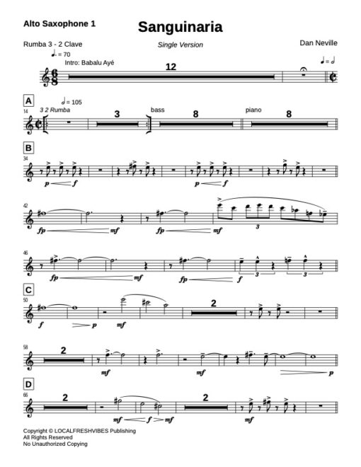 Sanguinaria V.2 alto 1 (Download) Latin jazz printed sheet music www.3-2music.com composer and arranger Dan Neville jazz big band orchestra instrumentation