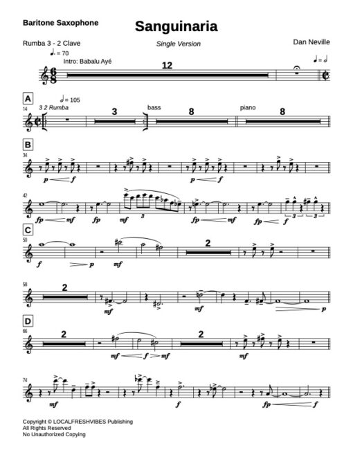 Sanguinaria V.2 baritone (Download) Latin jazz printed sheet music www.3-2music.com composer and arranger Dan Neville jazz big band orchestra