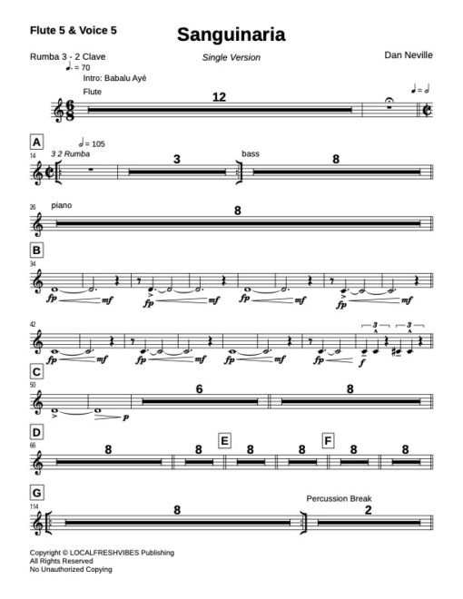 Sanguinaria V.2 flute 5 (Download) Latin jazz printed sheet music www.3-2music.com composer and arranger Dan Neville jazz big band orchestra instrumentation