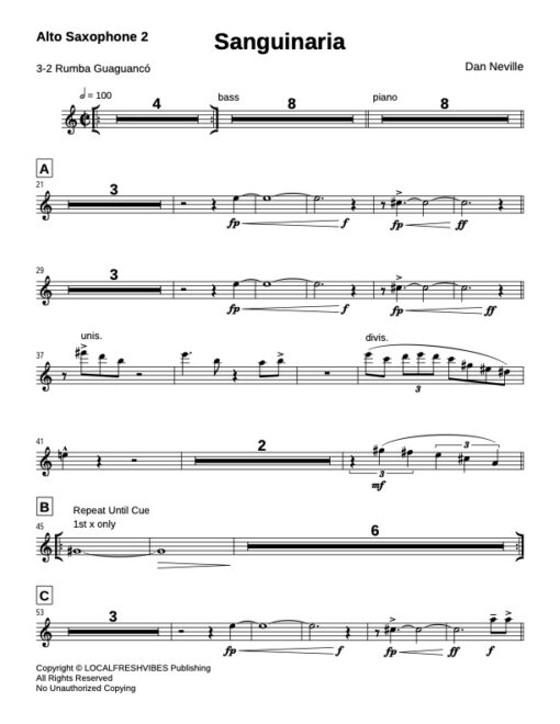 Sanguinaria alto 2 (Download) Latin jazz printed sheet music www.3-2music.com composer and arranger Dan Neville big band 4-4-5 instrumentation