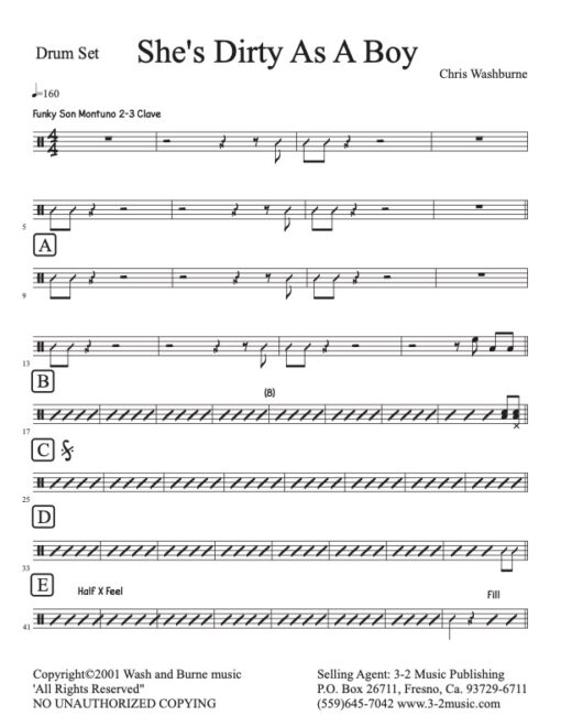 She's Dirty As a Boy drums (Download) Latin jazz printed sheet music www.3-2music.com composer and arranger Chris Washburne combo (septet) instrumentation