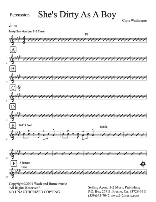 She's Dirty As a Boy percussion (Download) Latin jazz printed sheet music www.3-2music.com composer and arranger Chris Washburne combo (septet)