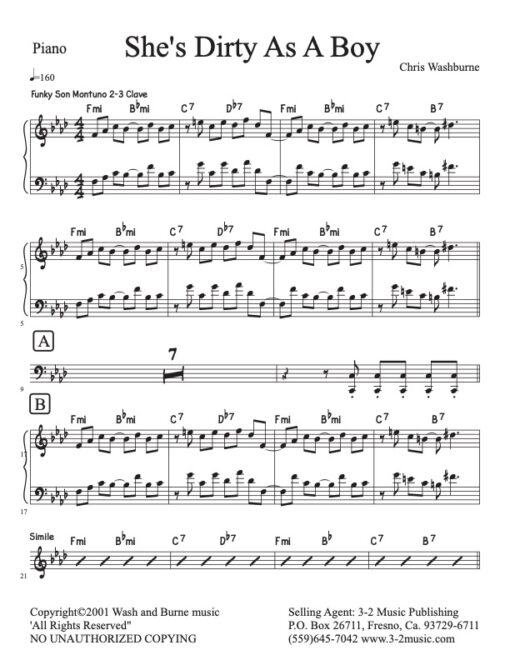 She's Dirty As a Boy piano (Download) Latin jazz printed sheet music www.3-2music.com composer and arranger Chris Washburne combo (septet) instrumentation