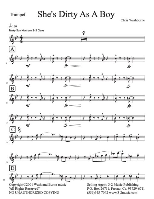 She's Dirty As a Boy trumpet (Download) Latin jazz printed sheet music www.3-2music.com composer and arranger Chris Washburne combo (septet) instrumentation