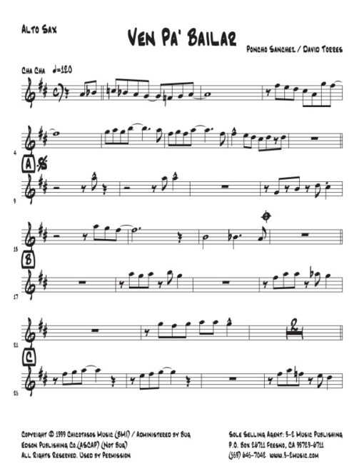 Ven Pa Bailar alto (Download) Latin jazz printed sheet music www.3-2music.com composer Poncho Sanchez David Torres alto trumpet trombone rhythm