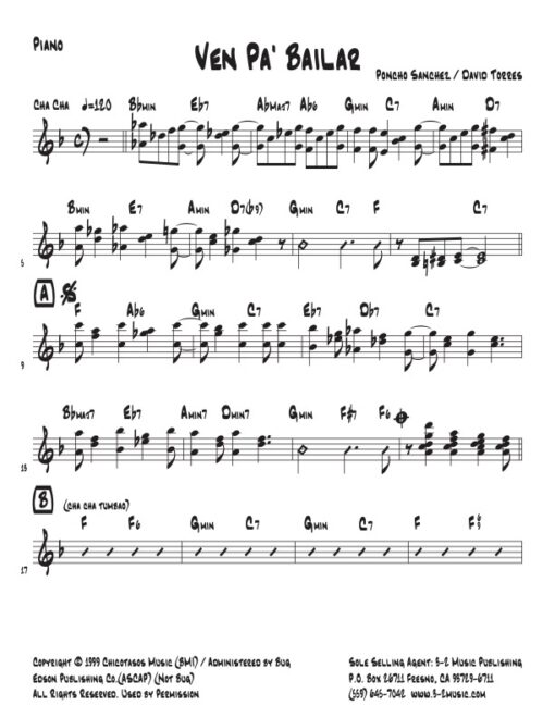 Ven Pa Bailar piano (Download) Latin jazz printed sheet music www.3-2music.com composer Poncho Sanchez David Torres alto trumpet trombone rhythm