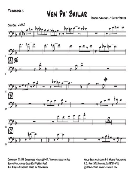 Ven Pa Bailar trombone (Download) Latin jazz printed sheet music www.3-2music.com composer Poncho Sanchez David Torres alto trumpet trombone rhythm