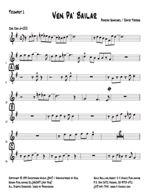 Ven Pa Bailar trumpet (Download) Latin jazz printed sheet music www.3-2music.com composer Poncho Sanchez David Torres alto trumpet trombone rhythm