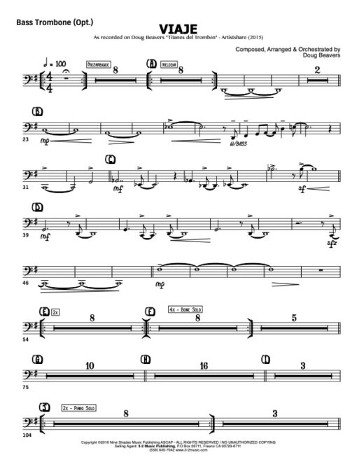 Viaje V.1 bass trombone (Download) Latin jazz printed sheet music www.3-2music.com composer and arranger Doug Beavers combo (octet) instrumentation