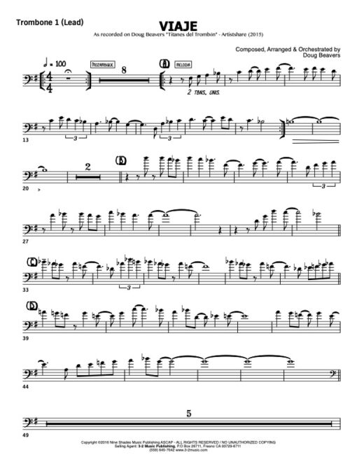 Viaje V.1 trombone 1 (Download) Latin jazz printed sheet music www.3-2music.com composer and arranger Doug Beavers combo (octet) instrumentation