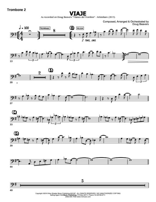 Viaje V.1 trombone 2 (Download) Latin jazz printed sheet music www.3-2music.com composer and arranger Doug Beavers combo (octet) instrumentation