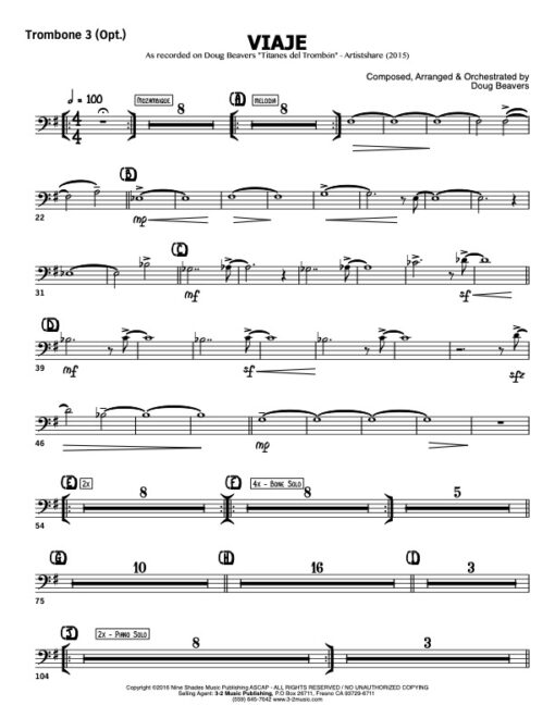 Viaje V.1 trombone 3 (Download) Latin jazz printed sheet music www.3-2music.com composer and arranger Doug Beavers combo (octet) instrumentation
