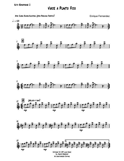 Viaje Fijo alto 2 (Download) Latin jazz printed sheet music www.3-2music.com composer and arranger Enrique Fernandez combo (sextet)