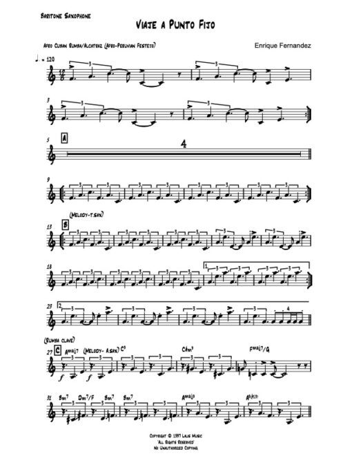 Viaje a Punto Fijo baritone (Download) Latin jazz printed sheet music www.3-2music.com composer and arranger Enrique Fernandez combo (sextet)